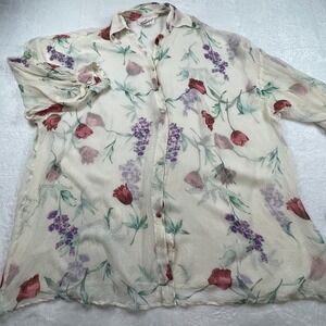 Sterling Styles Sheer Floral Rayon Button Down Shirt Cream Red Purple One‎ Size